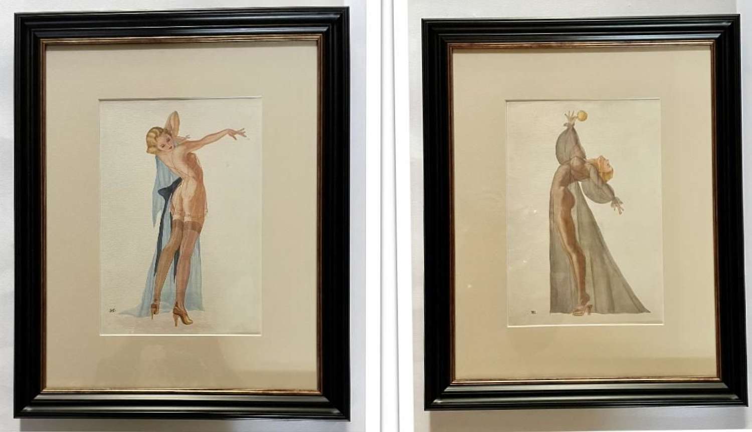 Pair of Art Nouveau Style Watercolours of Ladies c.1930