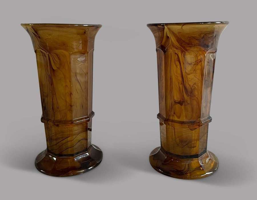 Pair of Art Deco Amber Column Vases  by George Davidson