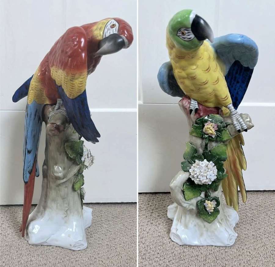 Pair of Sitzendorf Porcelain Macaw Parrots