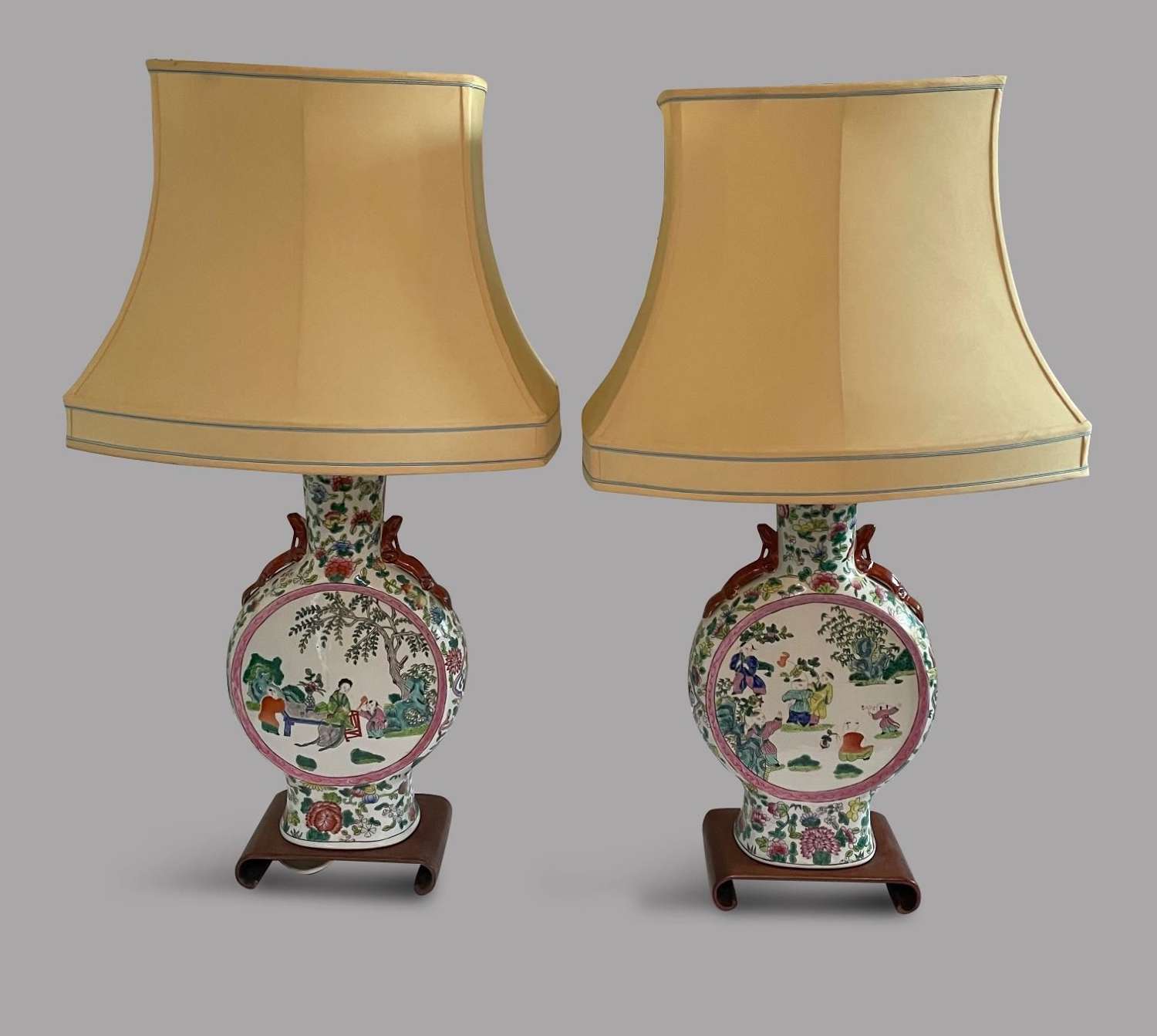 Large Pair of Famille Vase Lamps