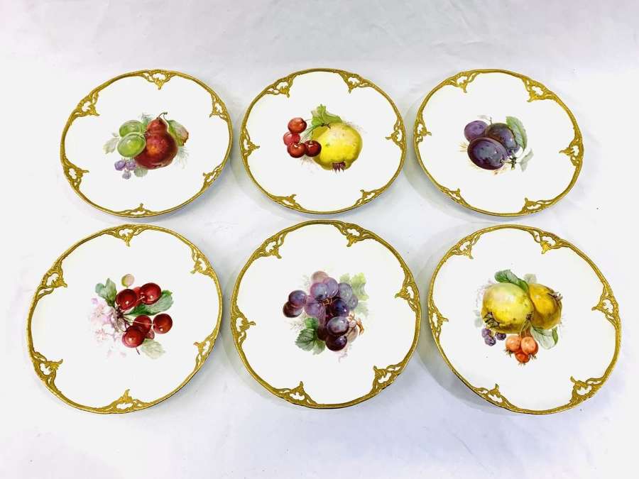 Set of Six KPM Cabinet Plates Decorated with Fruit %26 Gilt Border