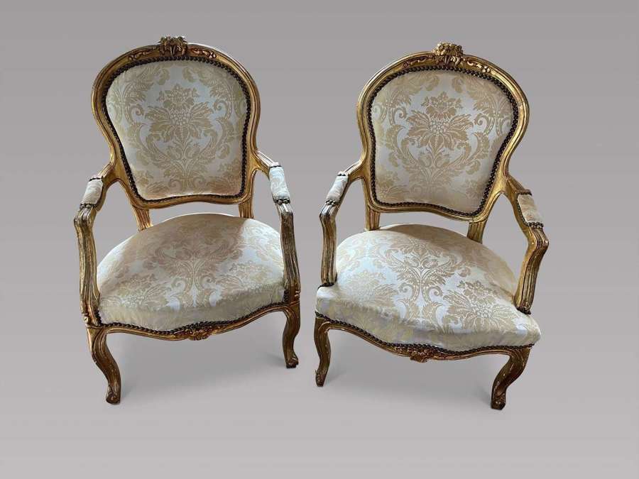 Pair of Louis XVI Style Gilt Armchairs