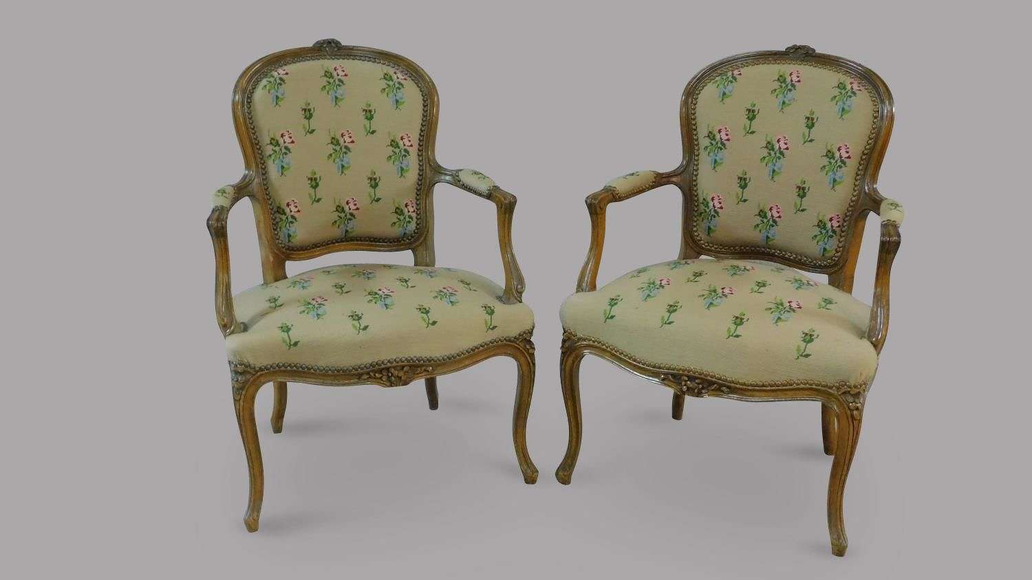 Pair of Carved Frame Louis XV Style Open Armchairs