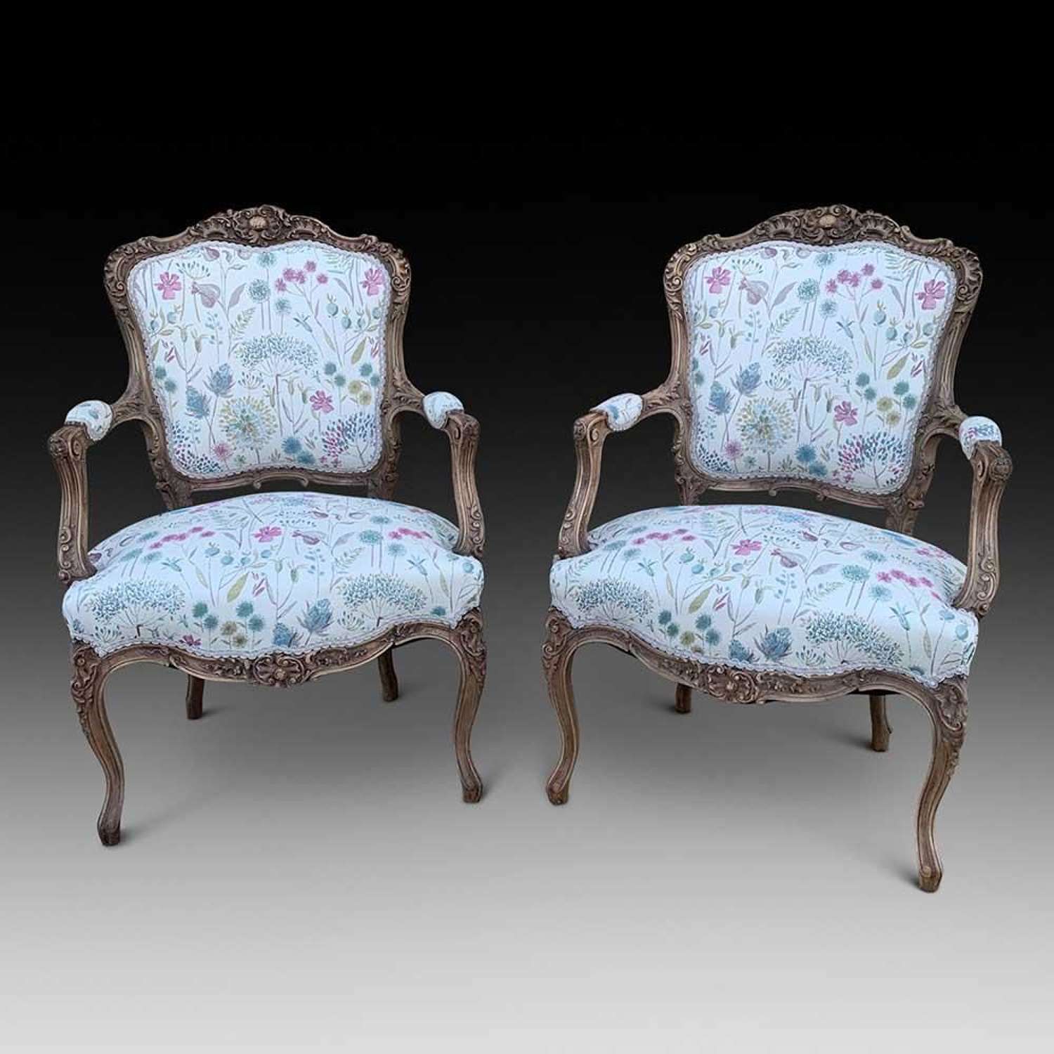 Pair of Bleached Walnut Armchairs ca. 1840-1860