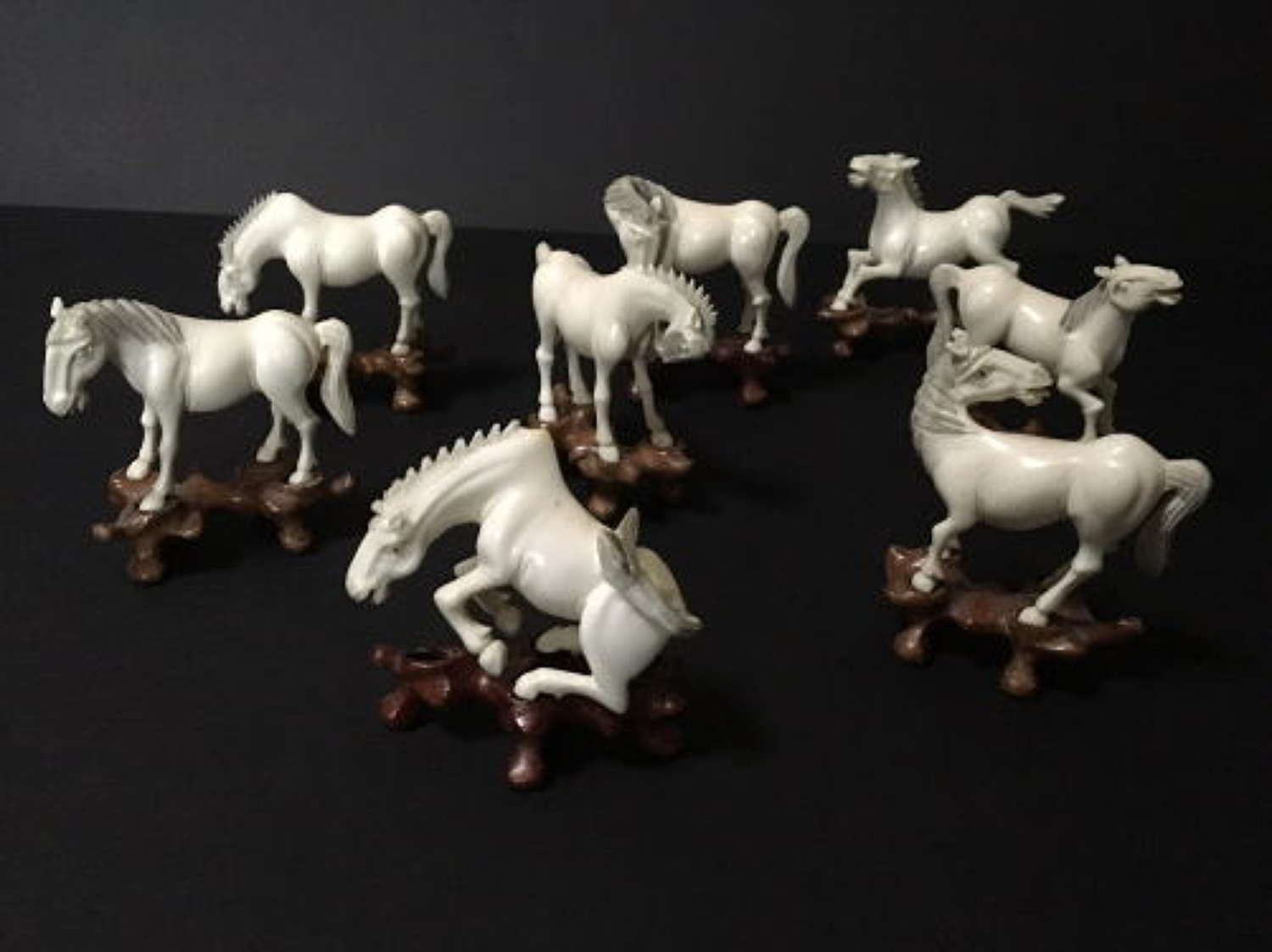 Chinese Ivory Horses of Wang Mu on Stands in Various Poses c.1910