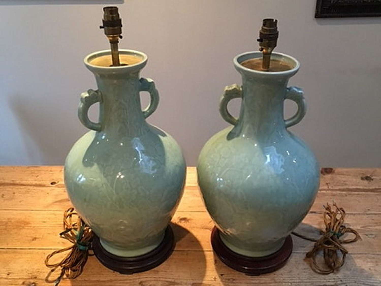 Pair of Celadon Glaze Ceramic Chinese Lamps