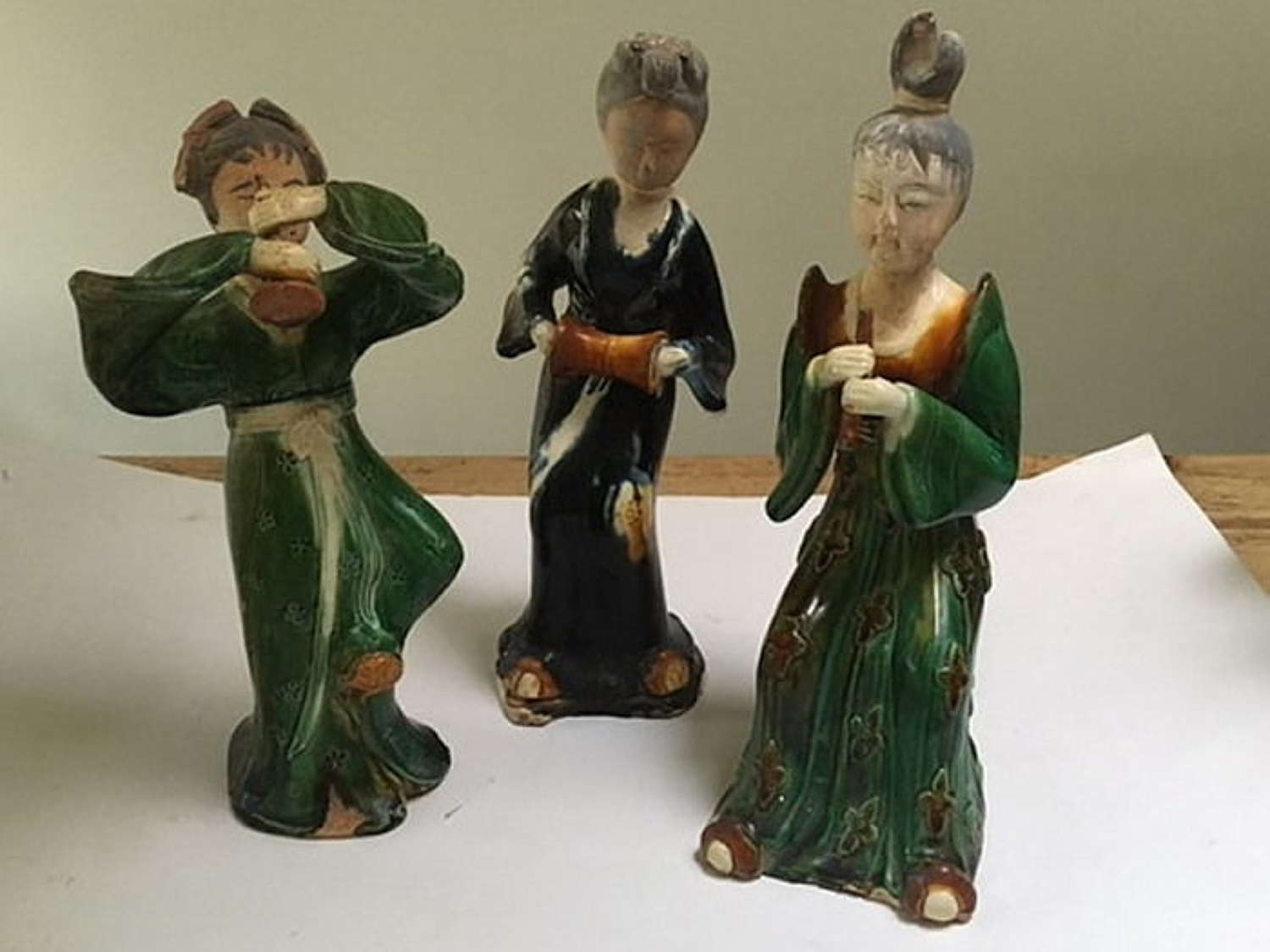 Three Japanese Hand Painted Pottery Musical Geisha Girls