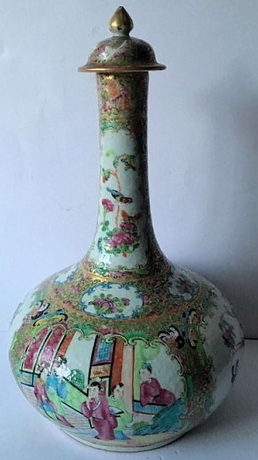 Canton Enamel Decorated Porcelain Bottle Vase %26 Cover
