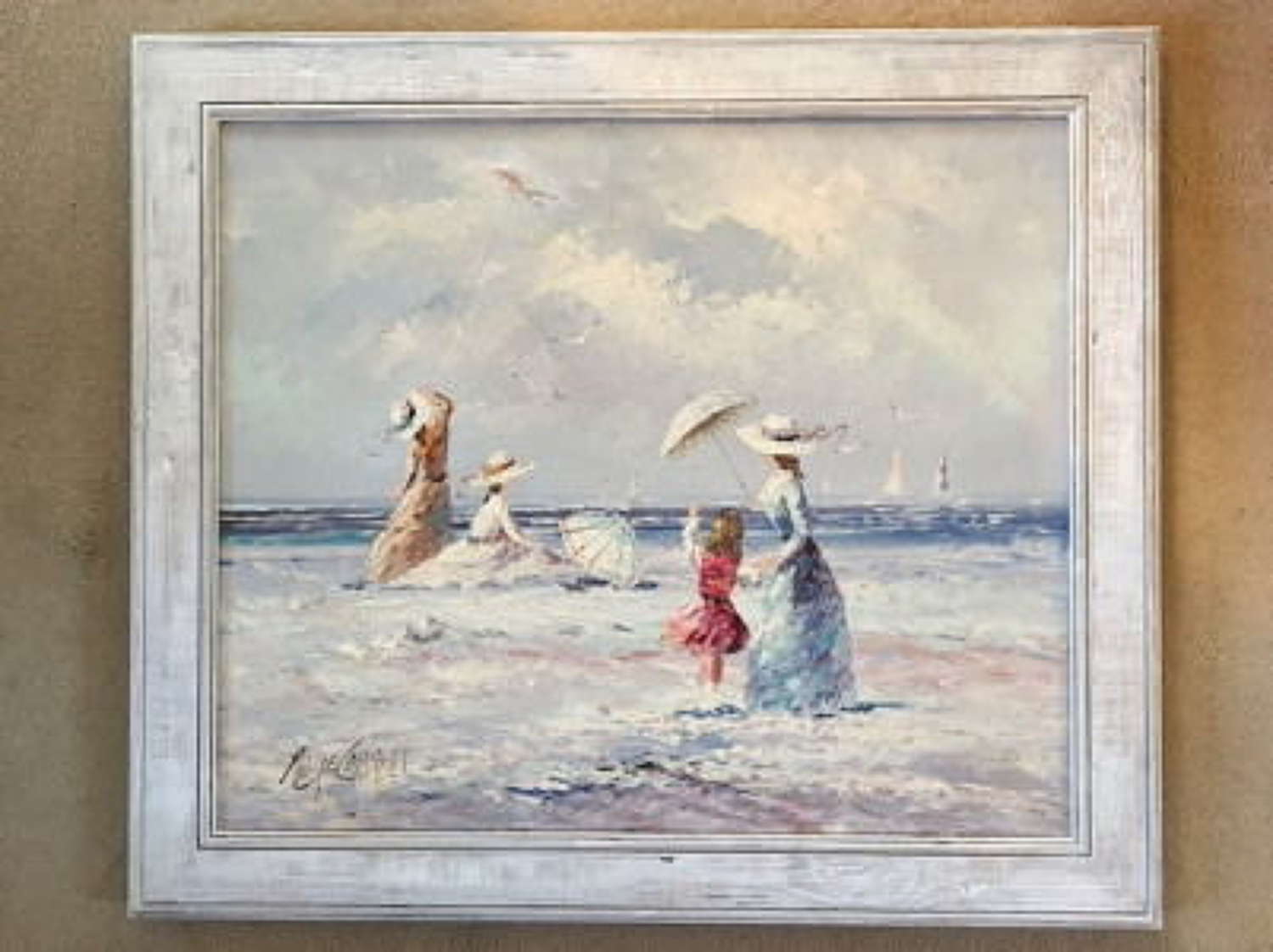 Marie Charlot - Edwardian Beach Scene - Oil on Canvas