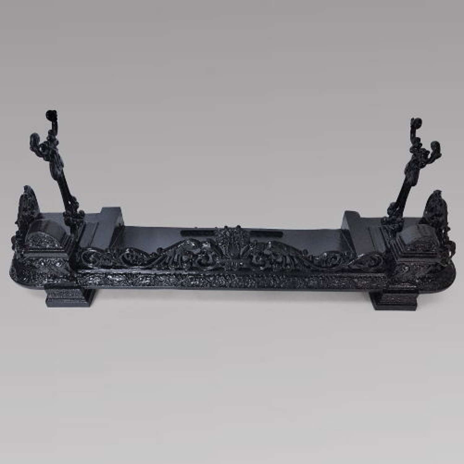 Black Cast Iron Victorian Fender with Iron Stands C.1880