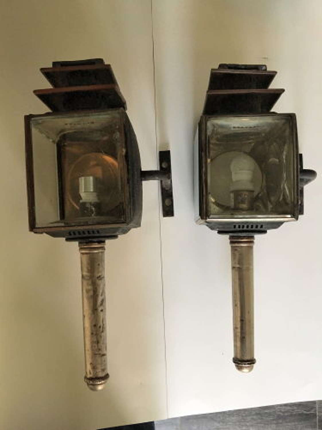 Pair of Brass %26 Copper Coaching Lamps Converted