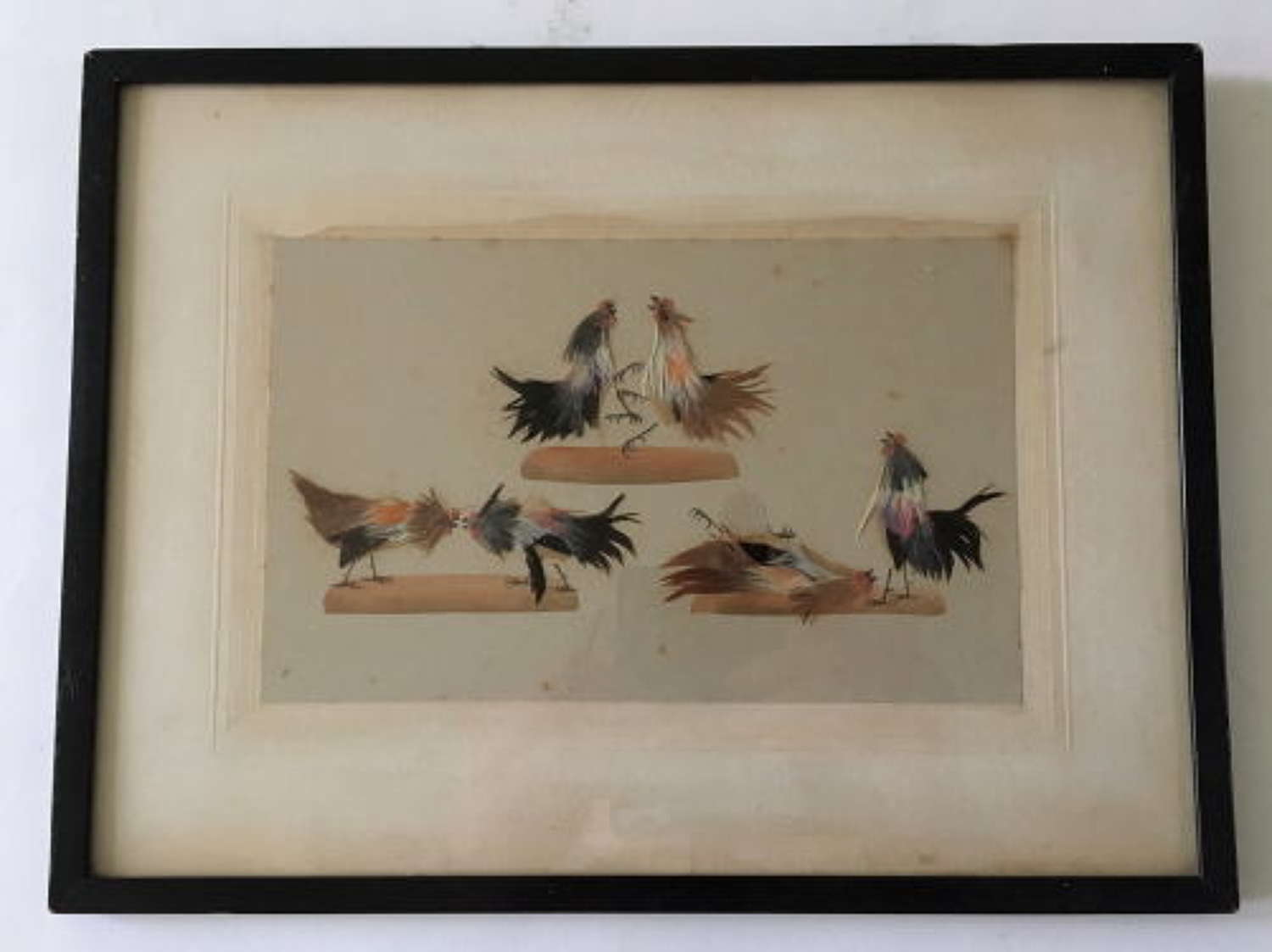 Mid 19th Century Cock Fighting Picture Made of Feathers