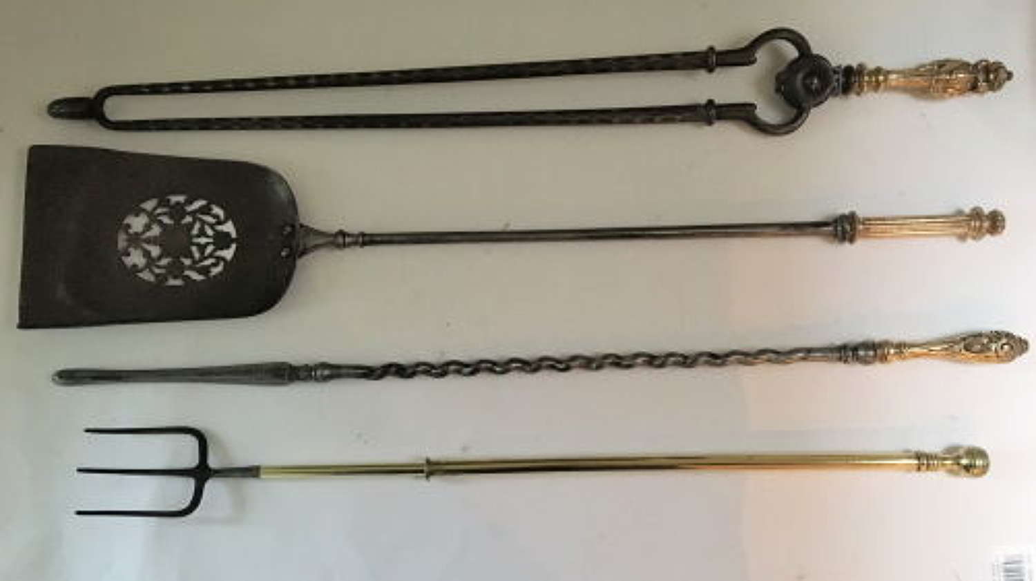 Set of Steel Fire Irons with Brass Handles %26 Brass Toasting Fork