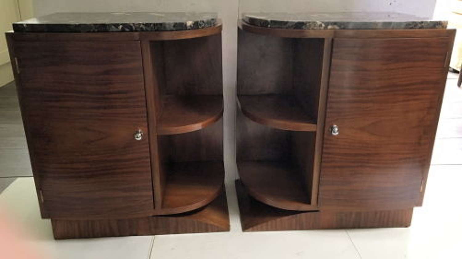 Pair of Art Deco Teak Marble Topped Bedside Tables