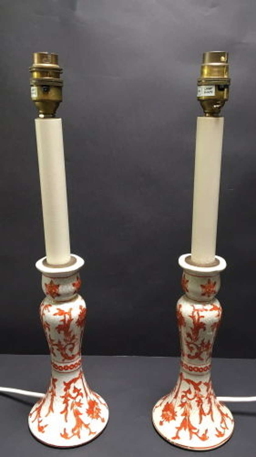 An Attractive Pair of Brick Red Decorated Lamps
