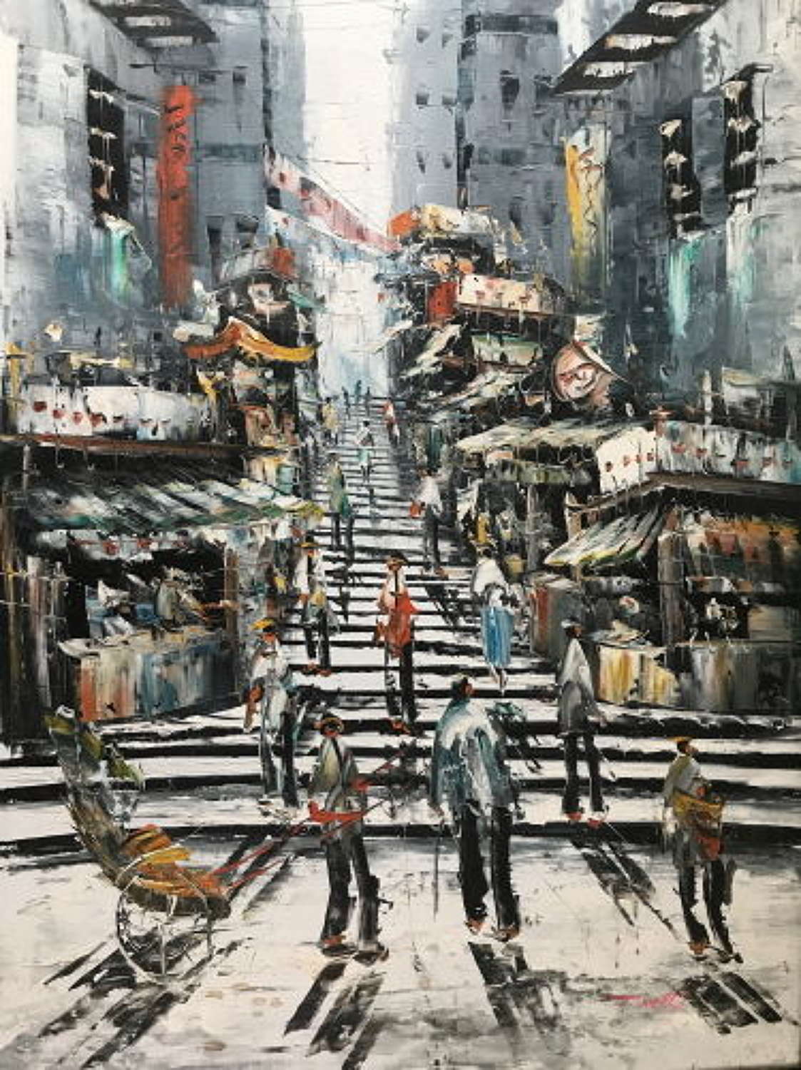 Pottinger Street, Hong Kong - Oil on Canvas - Brush %26 Palette Knife-