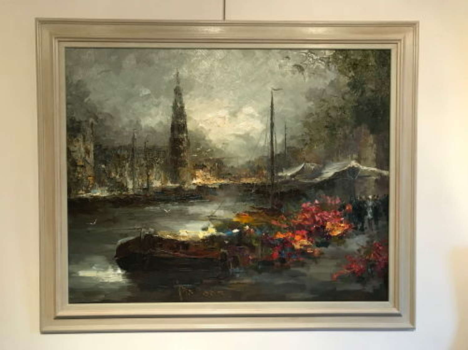 Johan Hubet Hendrick Bevort - 'Amsterdam Flower Market' - Oil On Canva