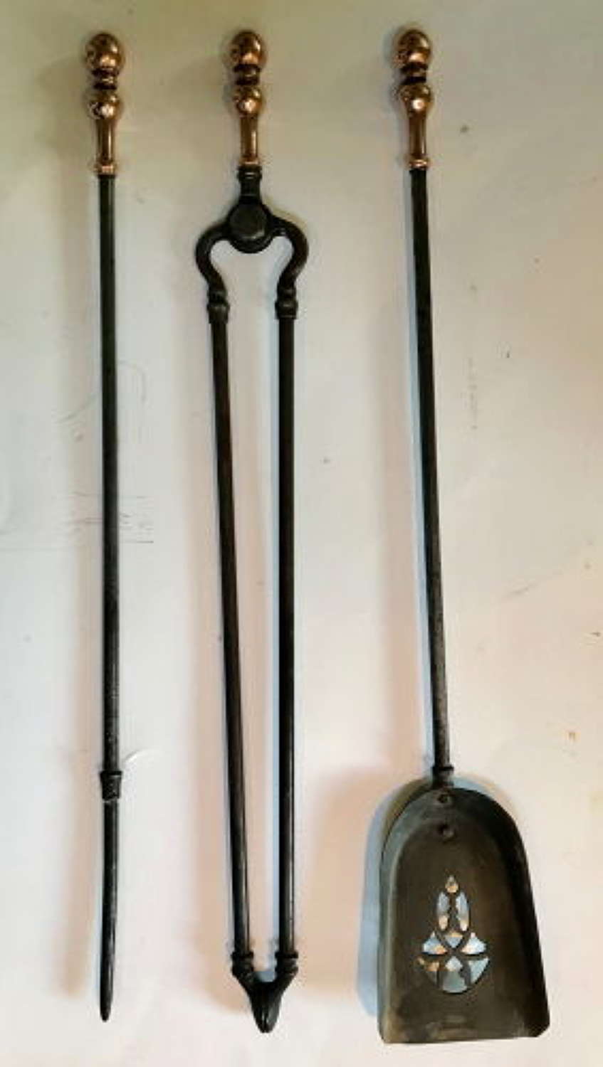 Set of 19th Century Copper Handled Steel Fire Irons