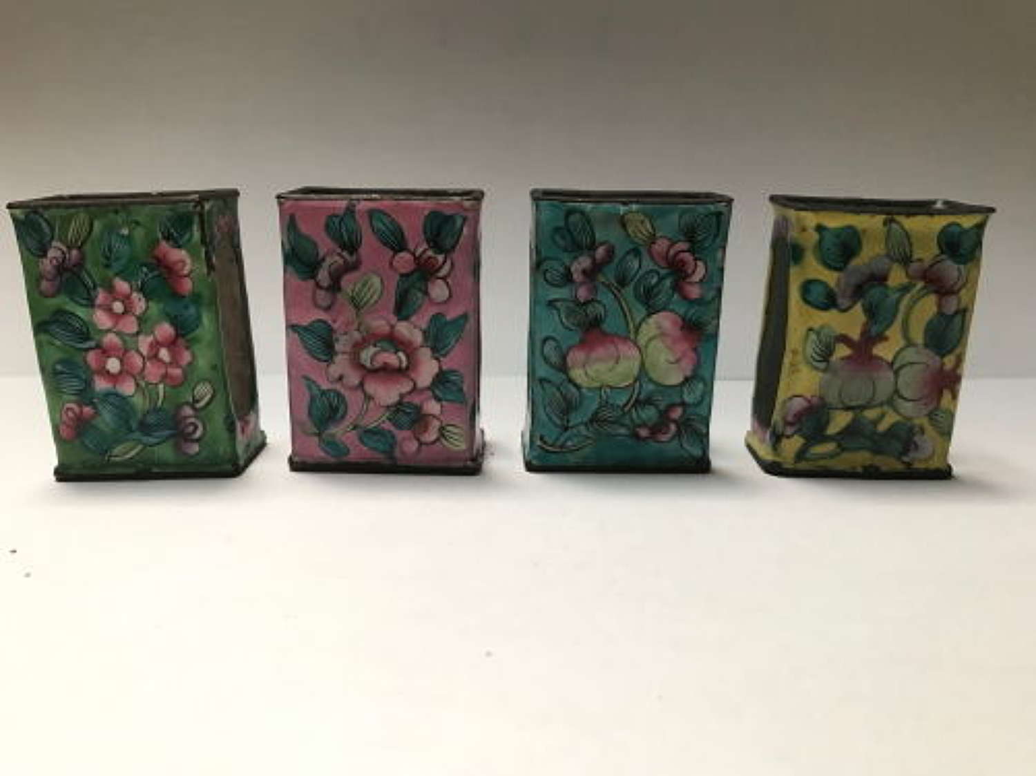 Set of Four Highly Decorative Enamel Matchbox Holders