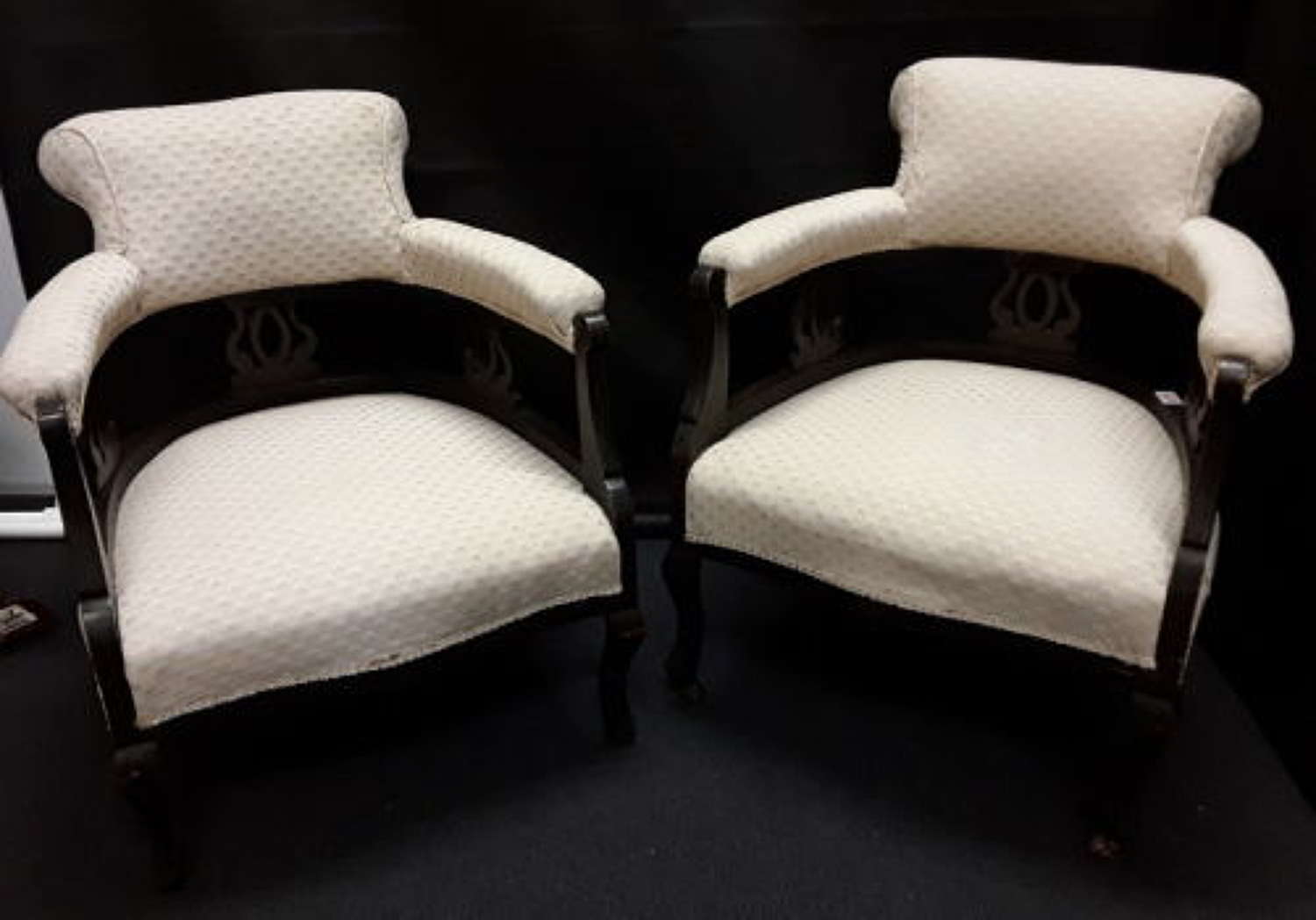 Pair of Wooden Upholstered Ebonised Bedroom / Side Tub Armchairs