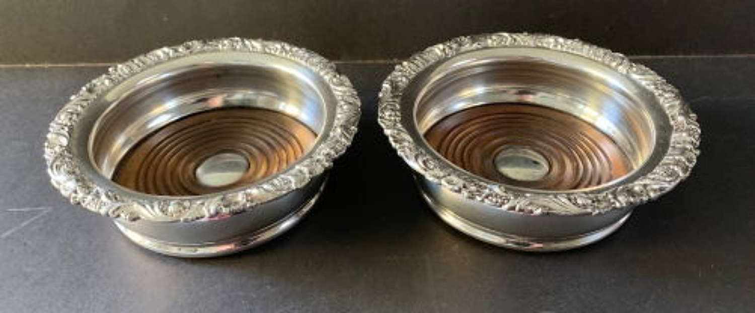Pair of Silver Plated Wine Coasters with Inset Mahogany Bases