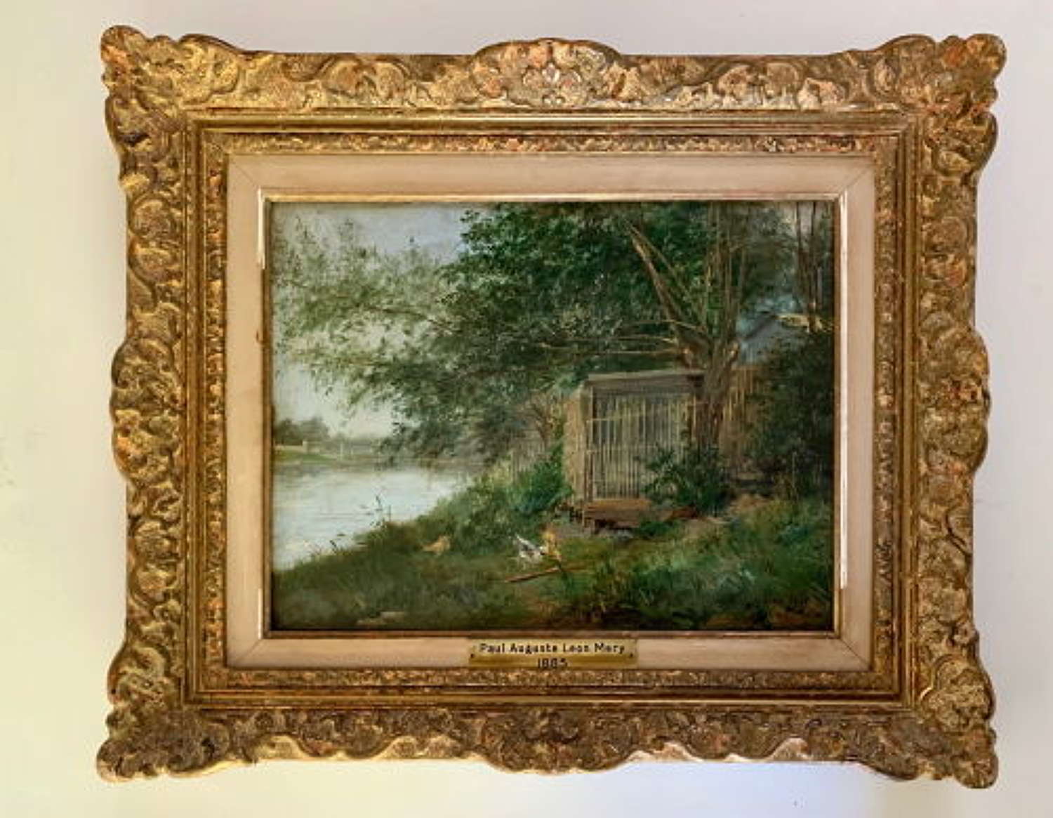 Paul Auguste Leon Mery - Charming Chicken Coop Beside a River - Oil On