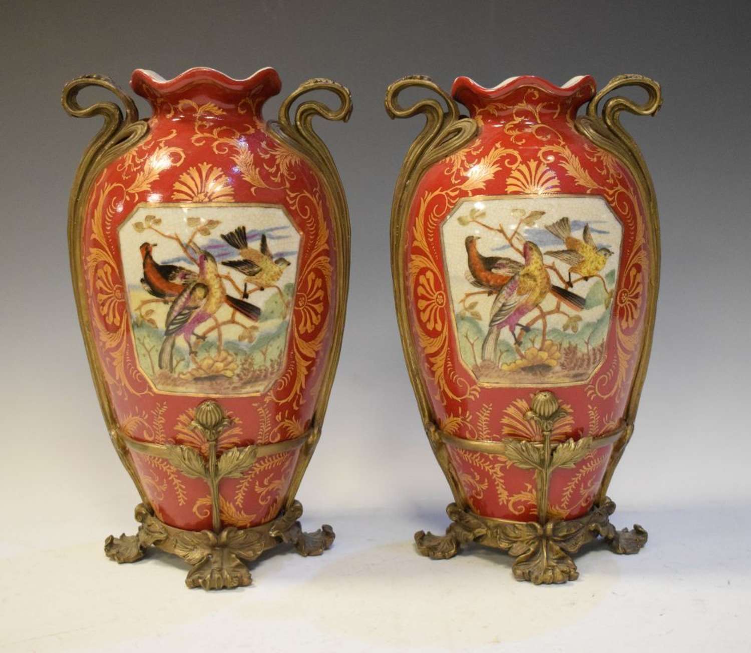 Pair of Ceramic Vases Having Panels of Exotic Birds