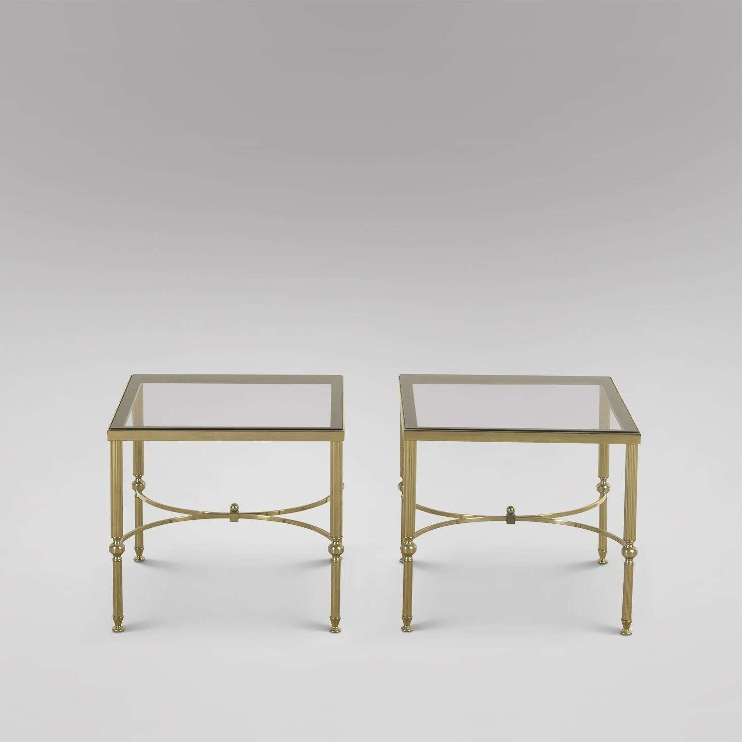 Pair of Lacquered Brass and Smoked Glass Tables