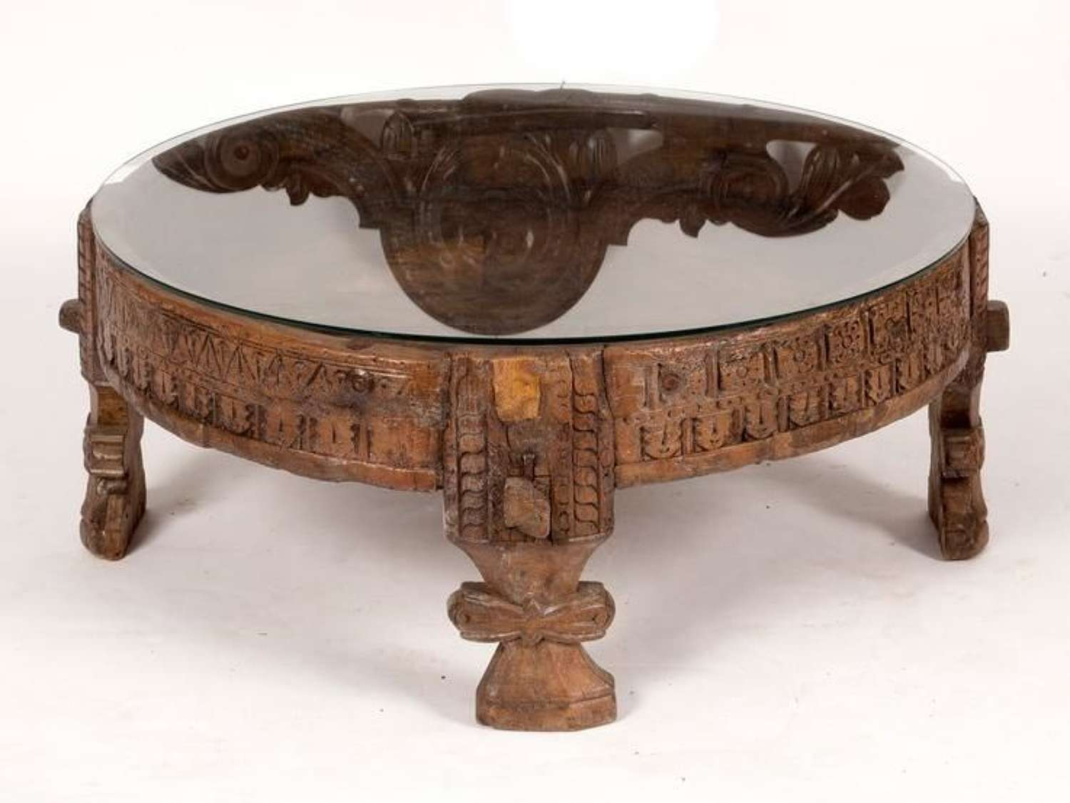 Indian Circular Carved Drum-Top Coffee Table