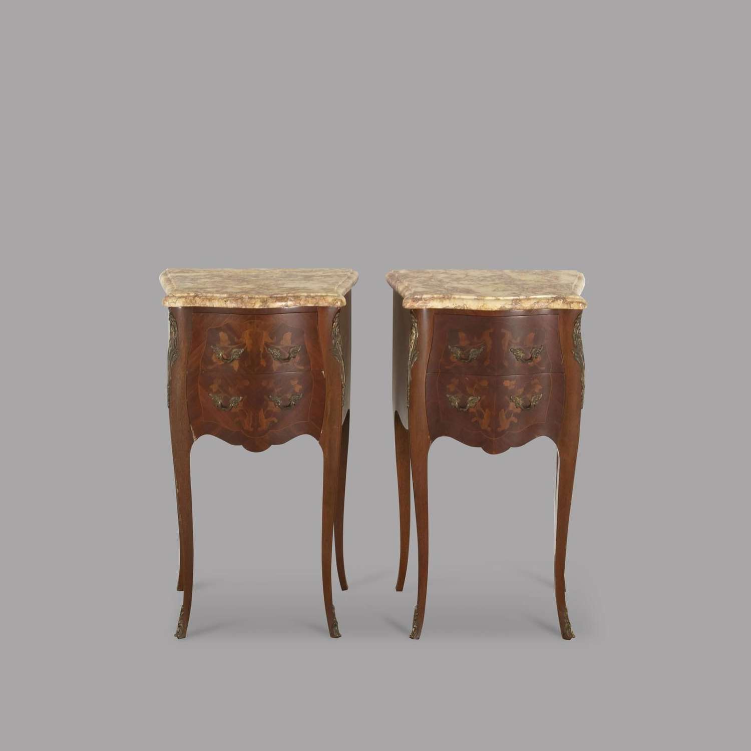 Pair of French Serpentine Side Tables with Marble Tops