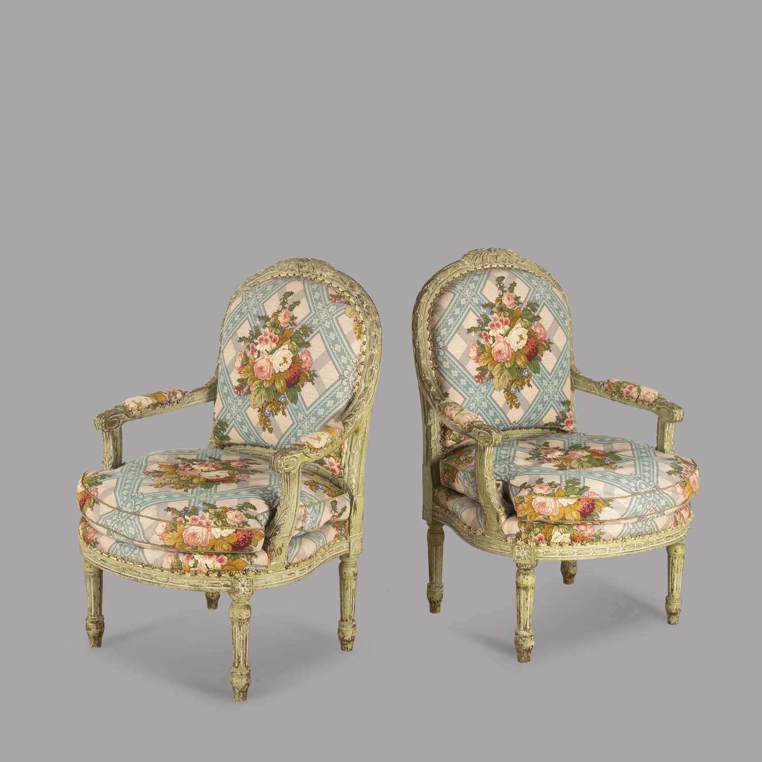 Pair of Louis XVI Style Green Painted Fauteuils