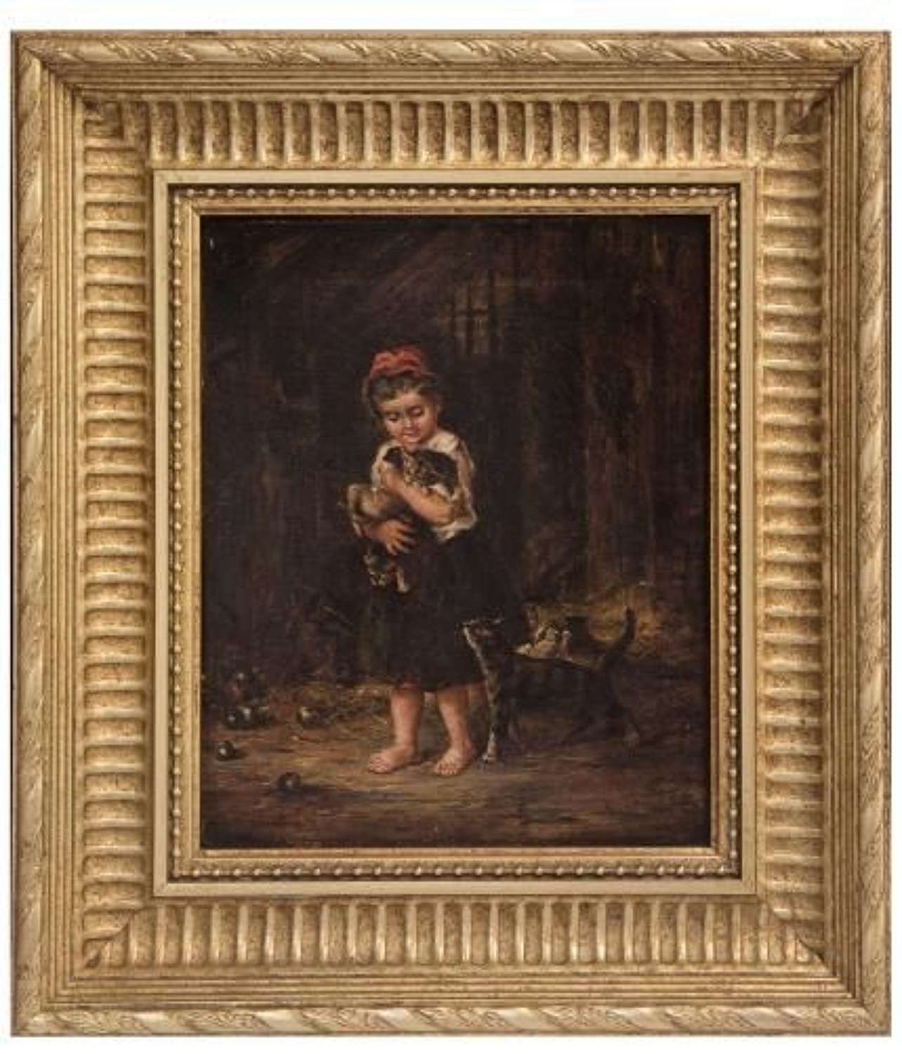A Charming 19thc Oil on Canvas - Girl with Kittens