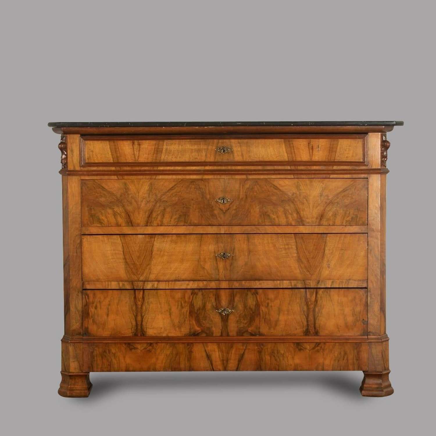 Mid 19th Century Walnut Chest of Drawers with Black Marble Top
