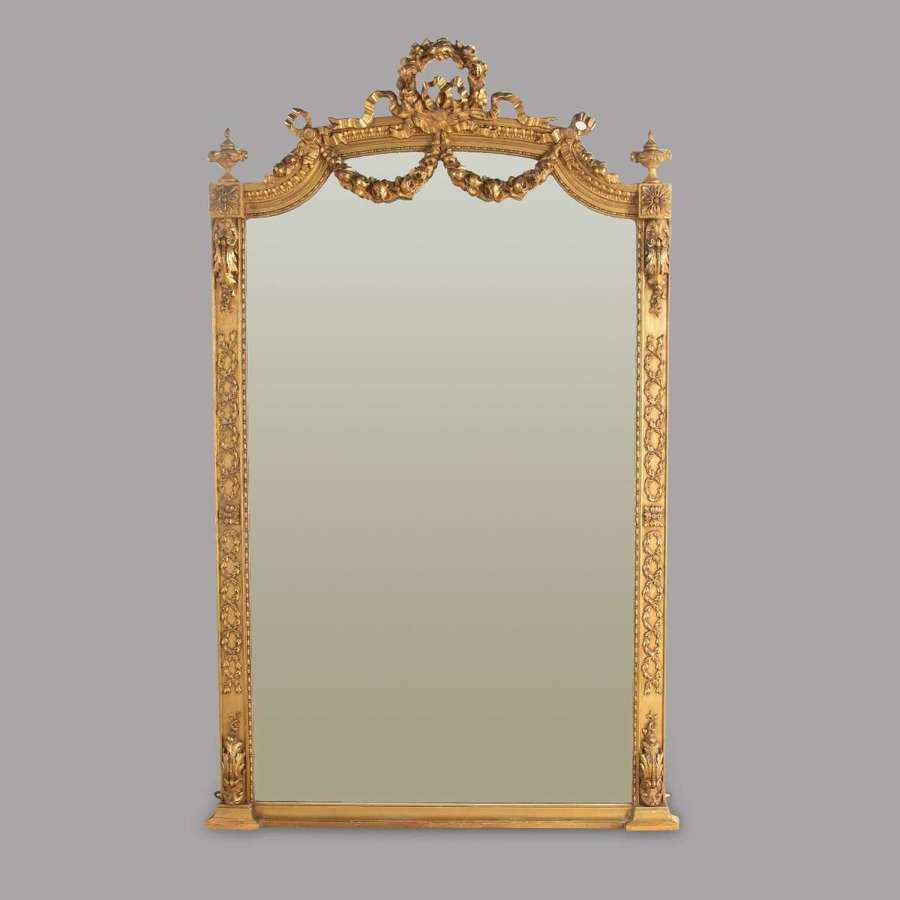 19th Century French Gilt Gesso Tall Mirror with Ornate Decorative Appl