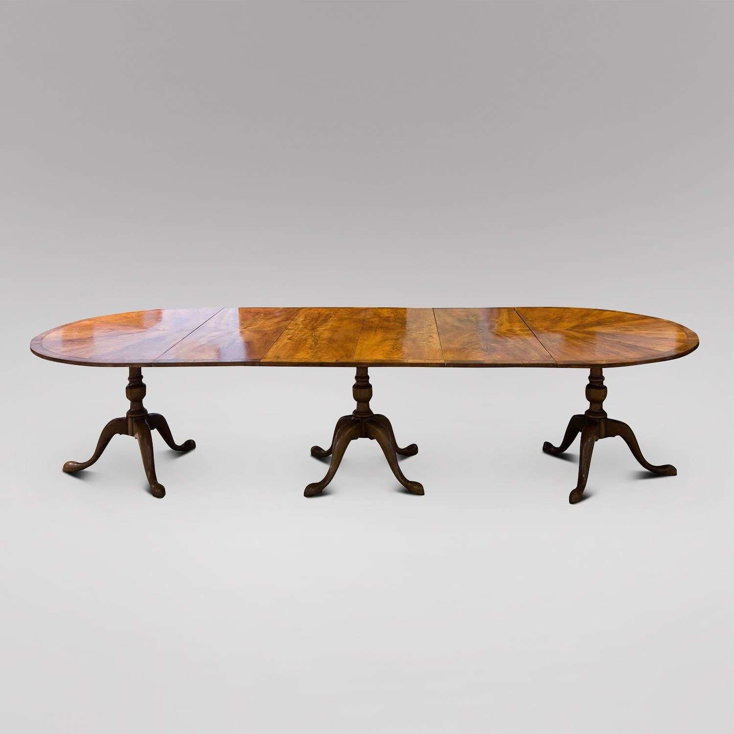 Walnut Dining Table with two leaves and three pedestals c.1900