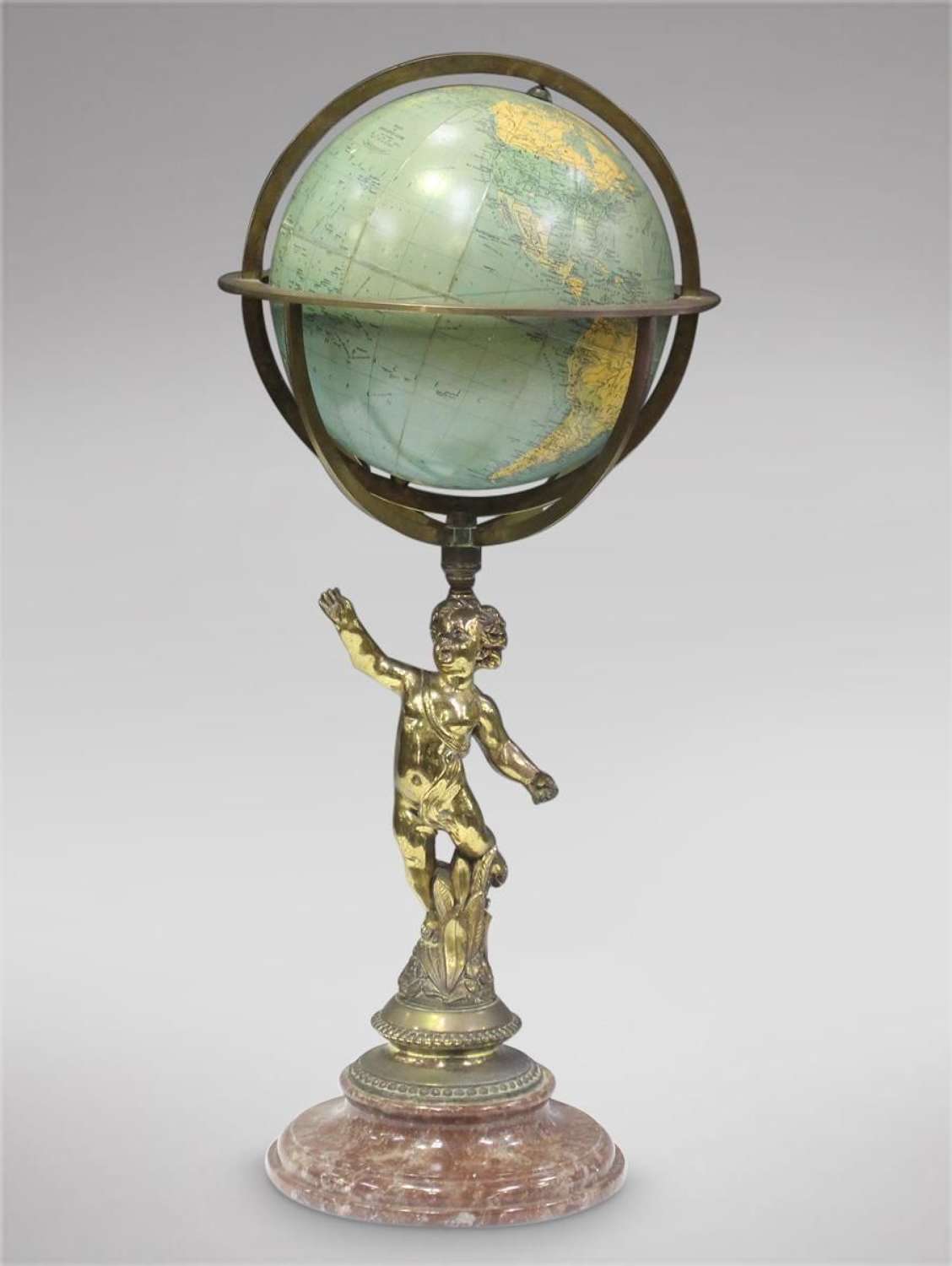 Globe Gilt Brass Figural on Marble Stand