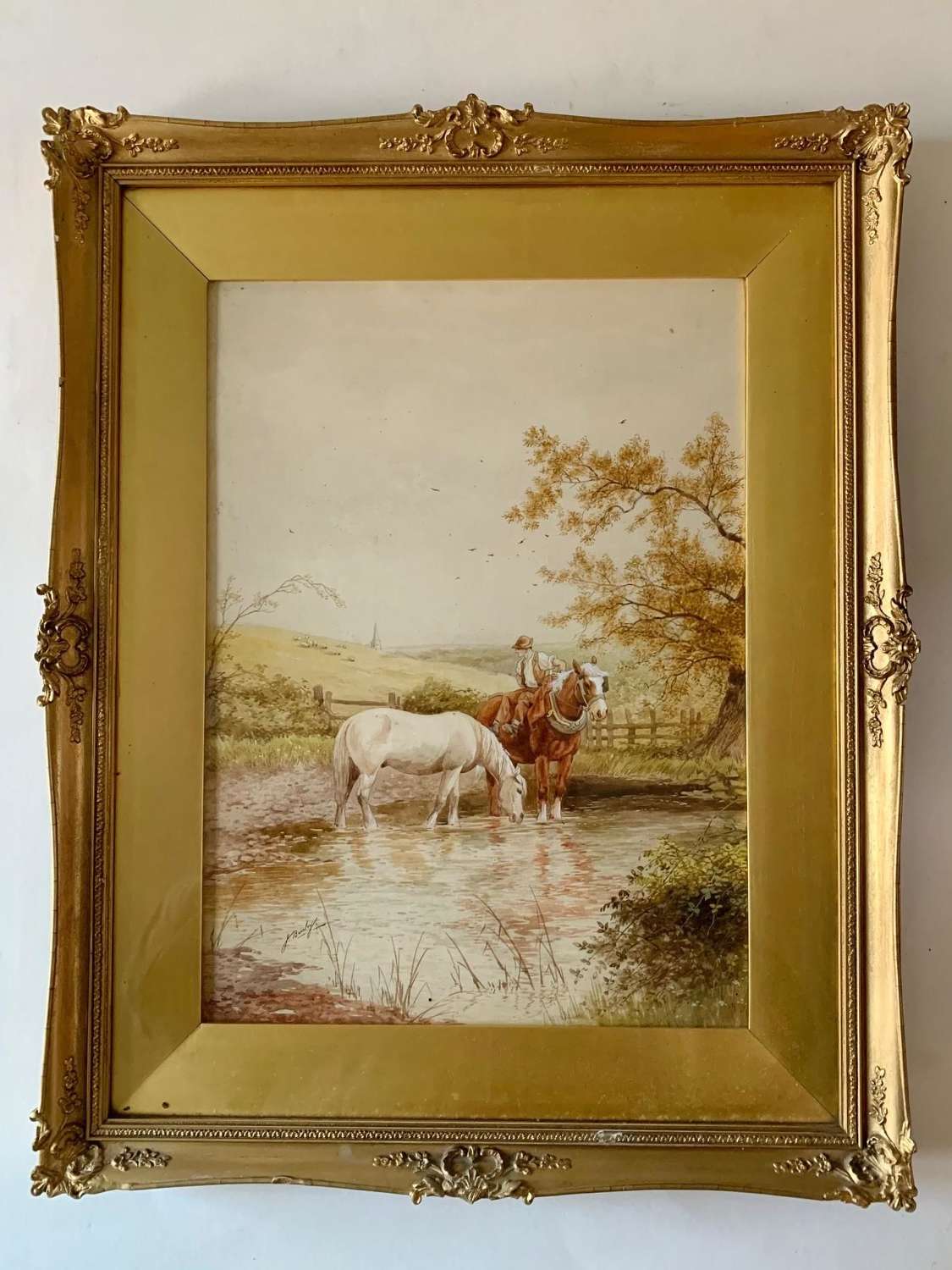 J Barclay 19thc Watercolour, Figure and Horses in Stream
