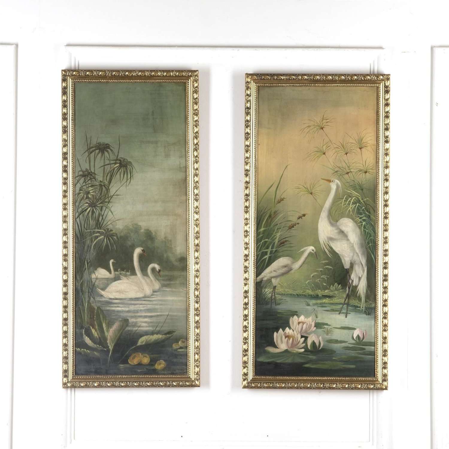 Pair of Oil on Canvas - Swans %26 Egrets - Signed %26 Dated 1898