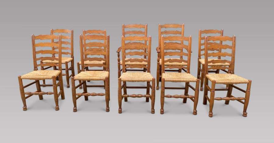 Set of Ten Ladderback Chairs Including Two Carvers