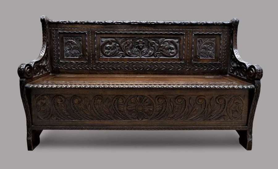Victorian Carved Oak Monks Bench / Settle