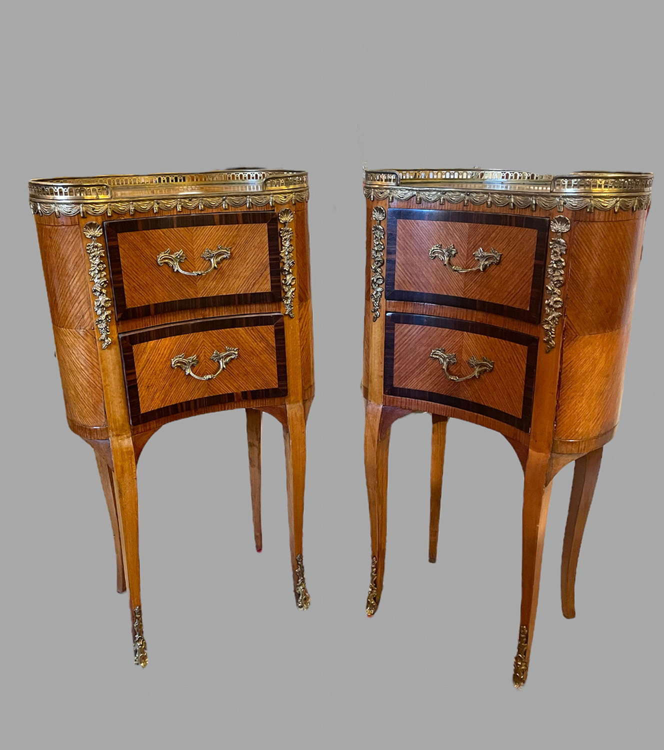 A Pair of Attractive 19thc Marquetry Bedside Tables