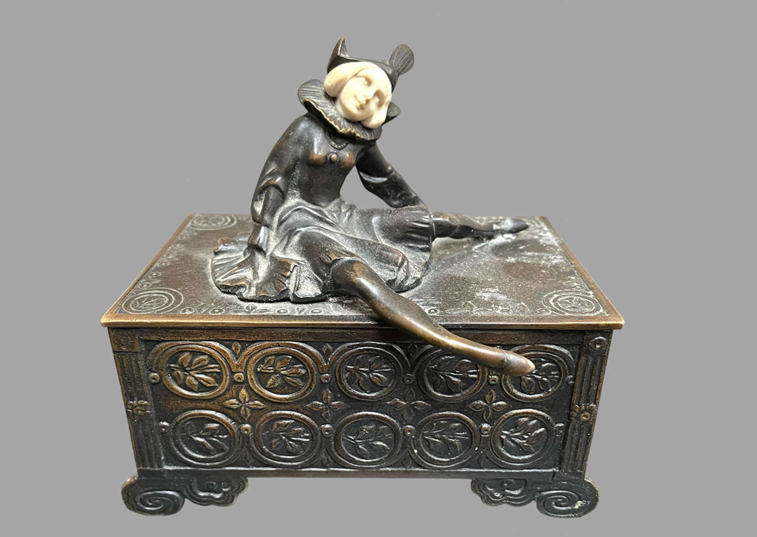 An Attractive Art Nouveau Bronze Box with Harlequin