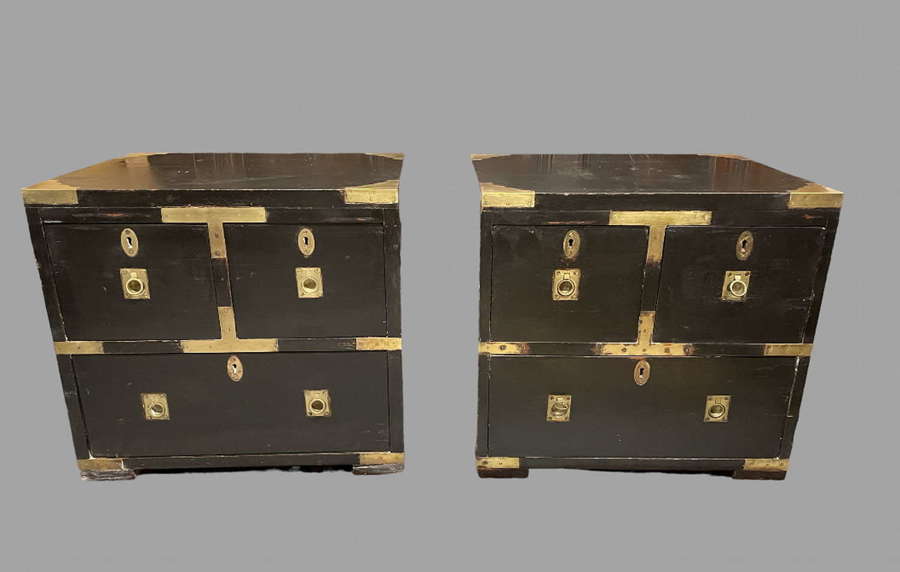Pair Of Hollywood Regency Black Lacquer Campaign Bedside Chests