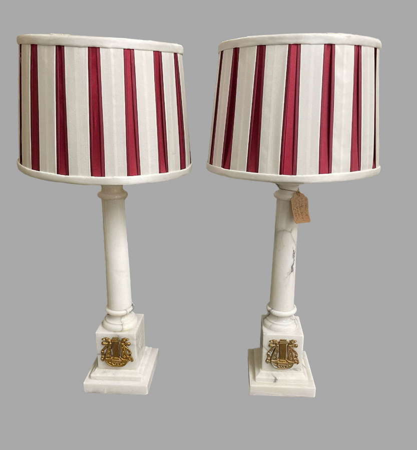 A Pair of White Marble Pillar Lamps
