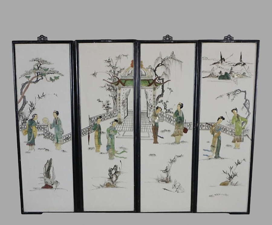A Set of Four Framed Asian Chinoiserie Decorative Panels