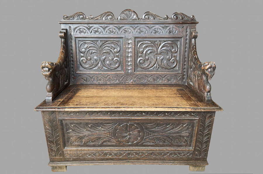 A 19th Century Carved Oak Monk's Bench