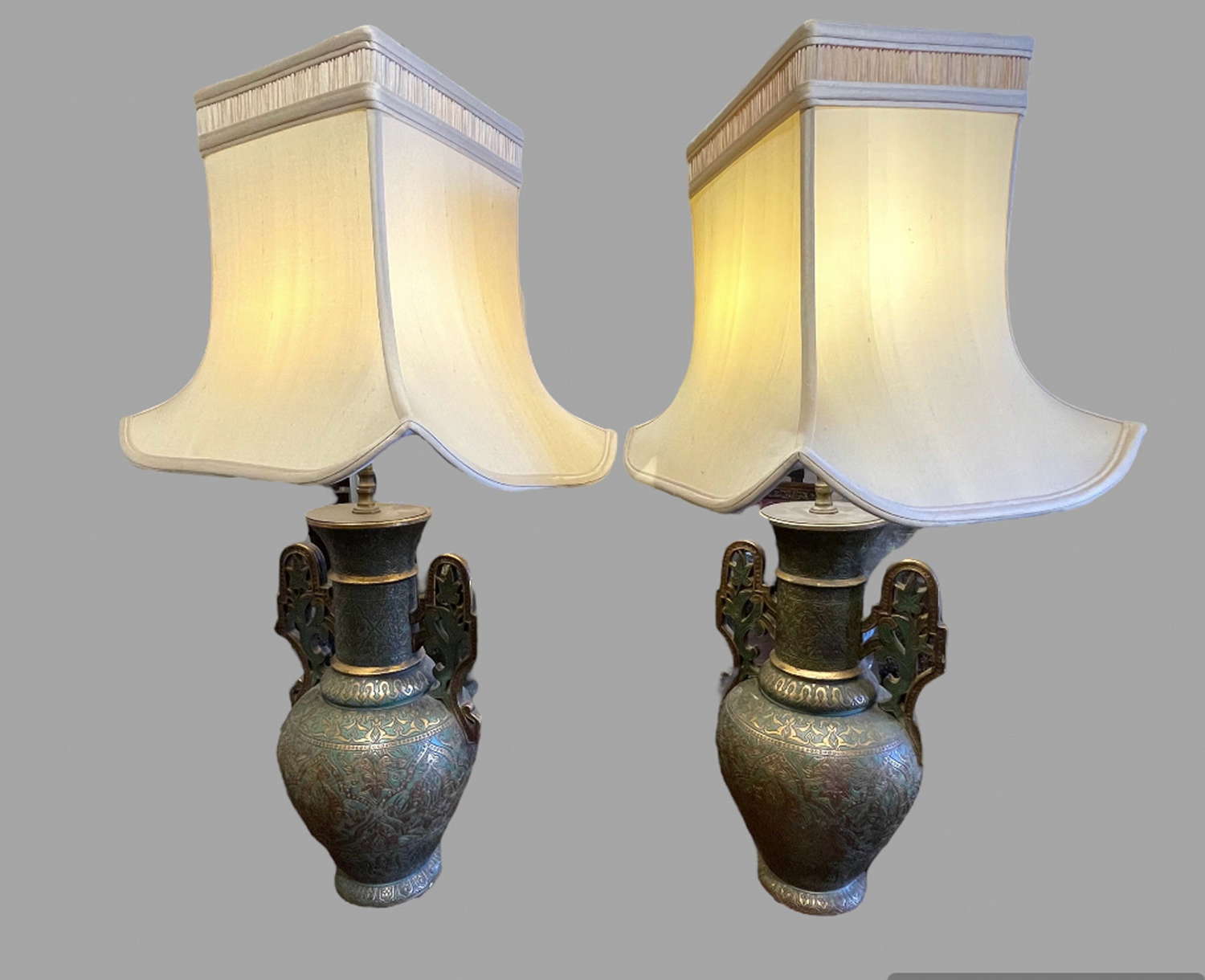 Pair Oriental Green and Gilt Table Lamps