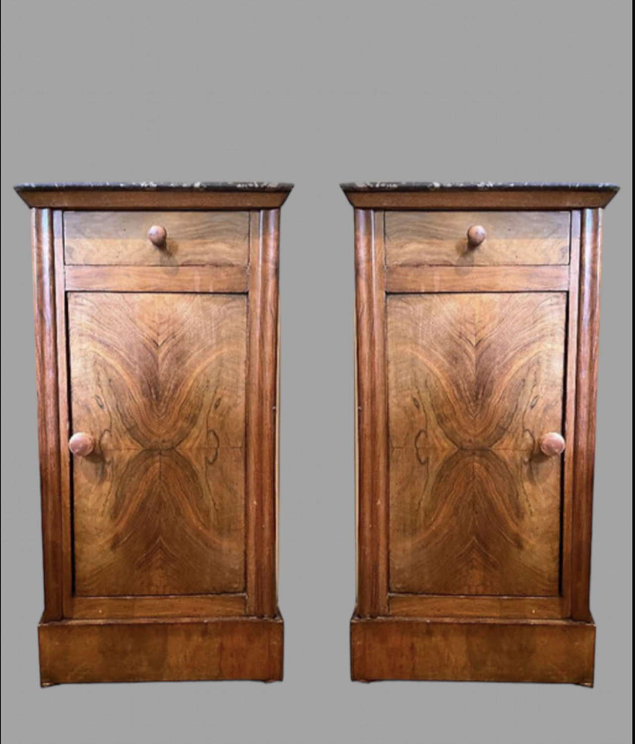 A Pair of French Walnut Marble Topped Bedside Tables