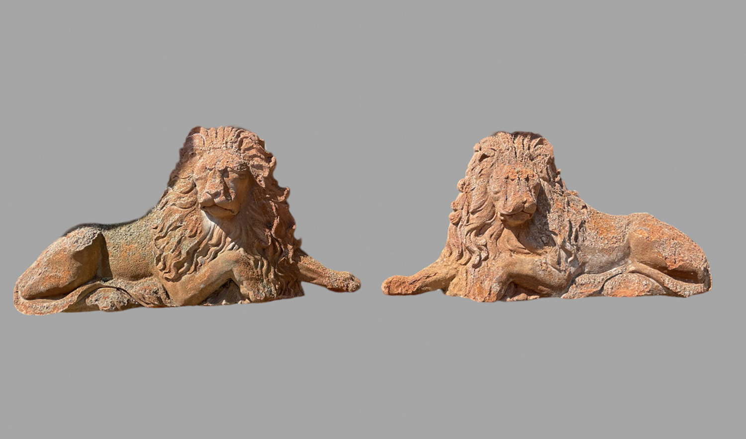 Pair of Weathered Terracotta Lion Garden Ornaments