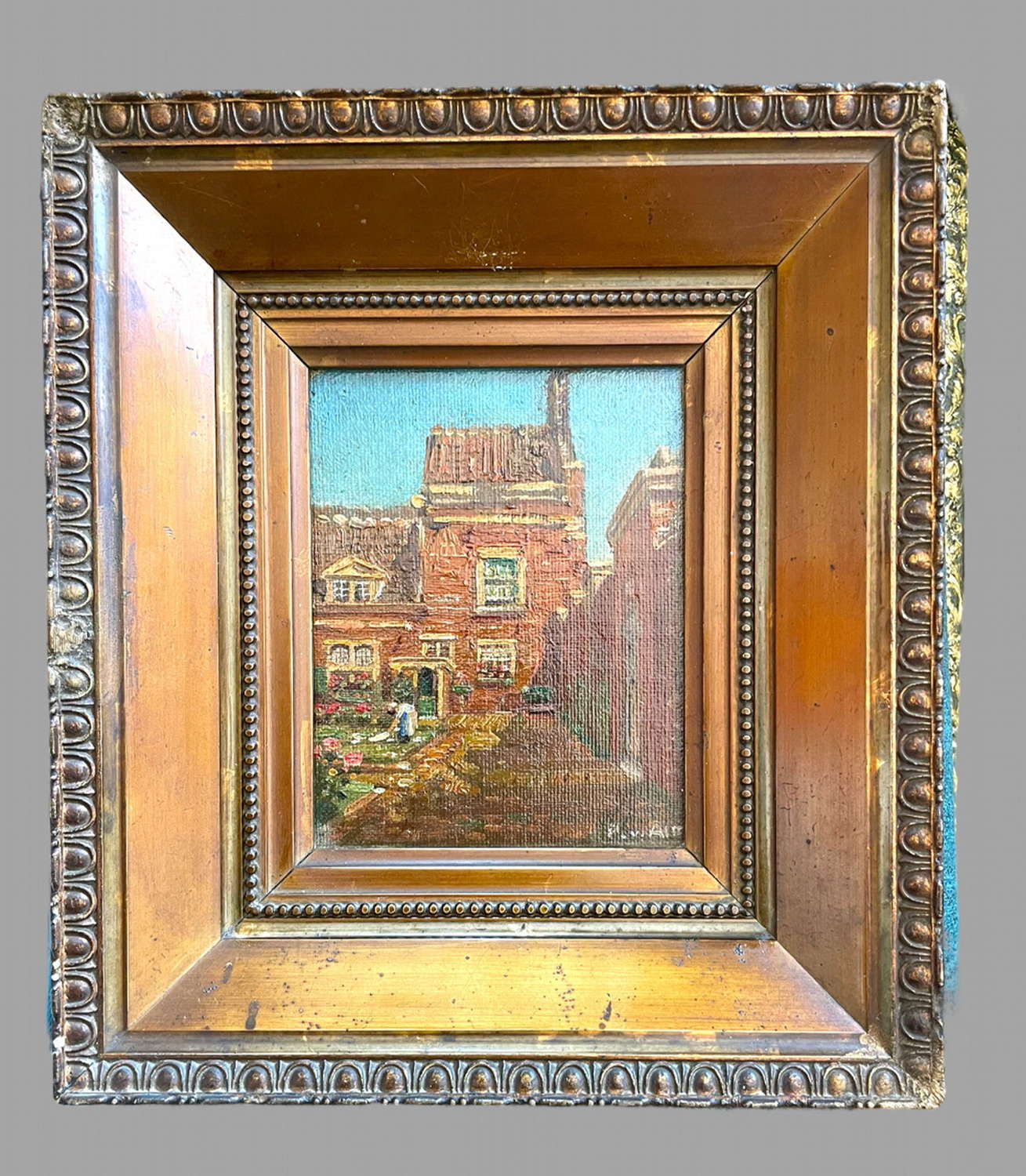 An Acrylic on canvas of the frontal façade of a Dutch ‘hofje